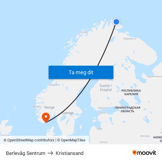 Berlevåg Sentrum to Kristiansand map