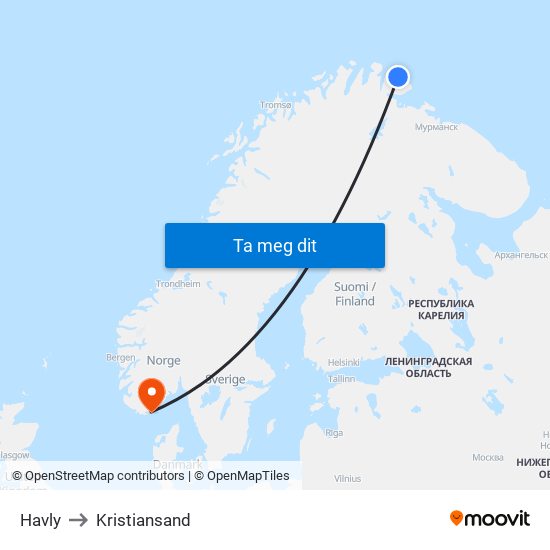 Havly to Kristiansand map