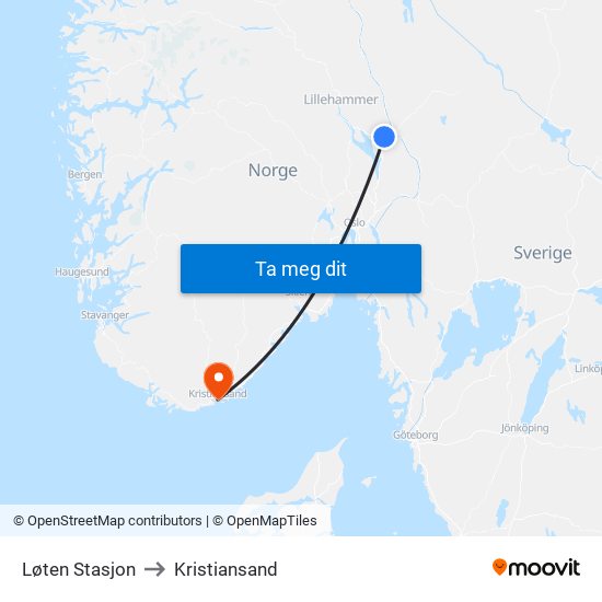 Løten Stasjon to Kristiansand map