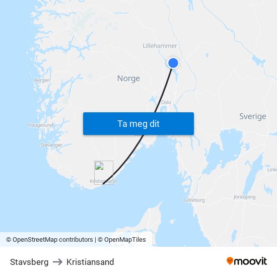 Stavsberg to Kristiansand map