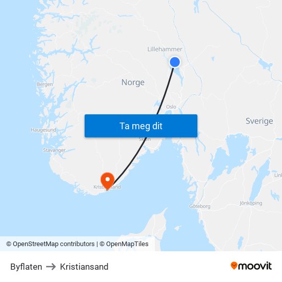 Byflaten to Kristiansand map