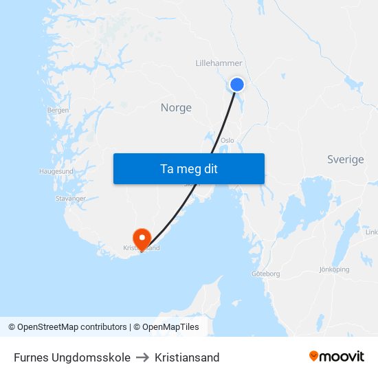 Furnes Ungdomsskole to Kristiansand map