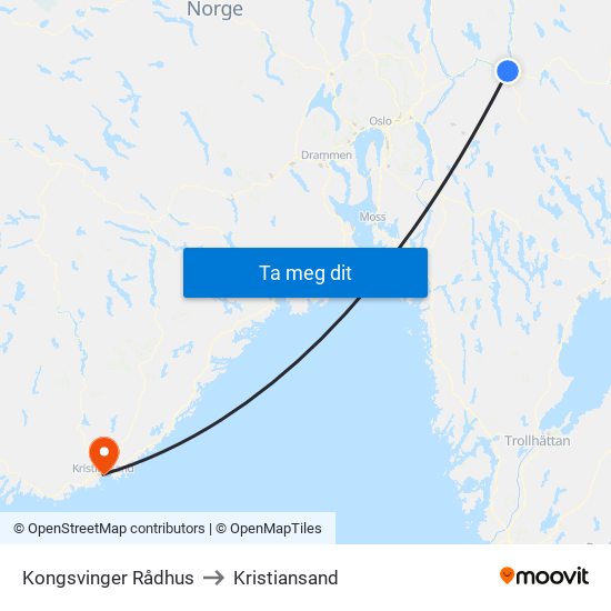 Kongsvinger Rådhus to Kristiansand map
