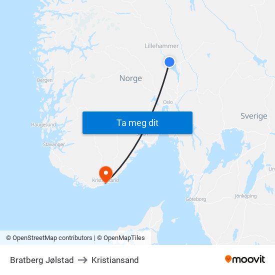 Bratberg Jølstad to Kristiansand map