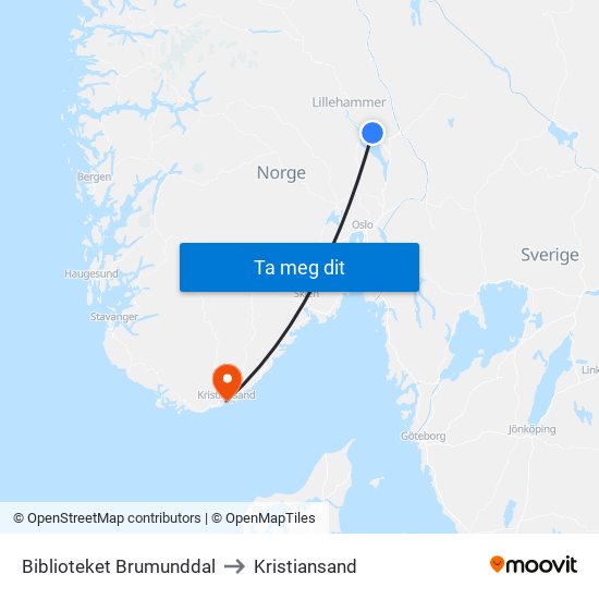 Biblioteket Brumunddal to Kristiansand map