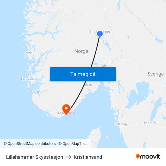 Lillehammer Skysstasjon to Kristiansand map