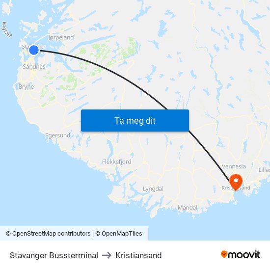 Stavanger Bussterminal to Kristiansand map