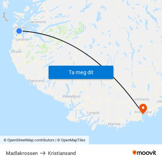 Madlakrossen to Kristiansand map