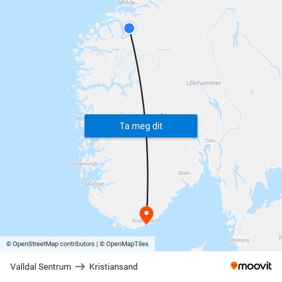 Valldal Sentrum to Kristiansand map