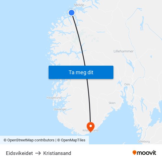 Eidsvikeidet to Kristiansand map