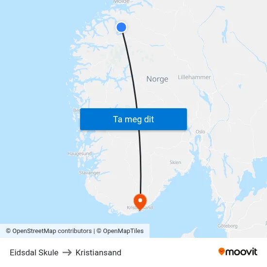 Eidsdal Skule to Kristiansand map