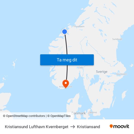 Kristiansund Lufthavn Kvernberget to Kristiansand map