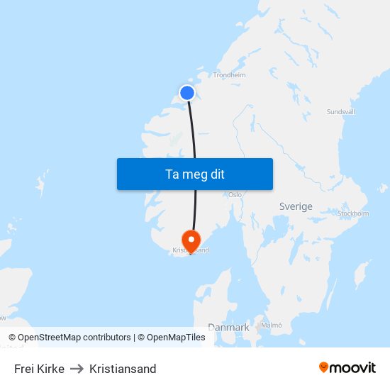 Frei Kirke to Kristiansand map