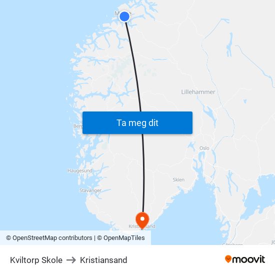 Kviltorp Skole to Kristiansand map