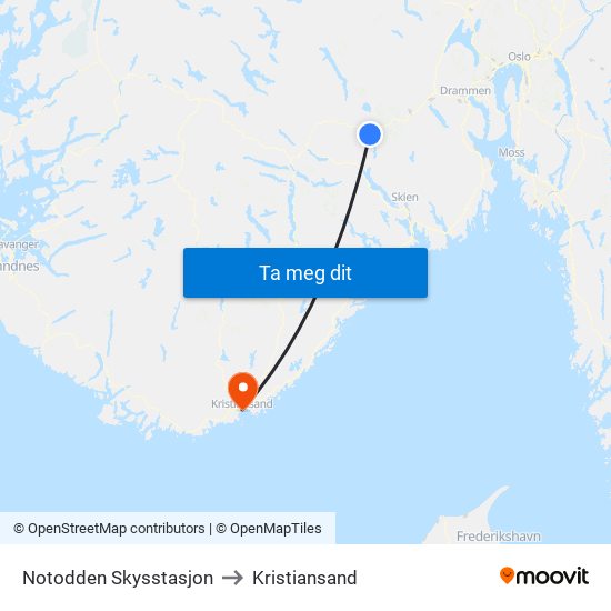 Notodden Skysstasjon to Kristiansand map