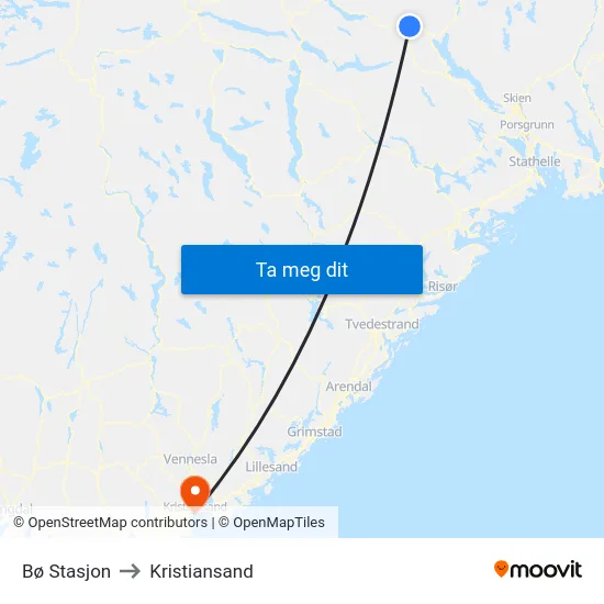 Bø Stasjon to Kristiansand map