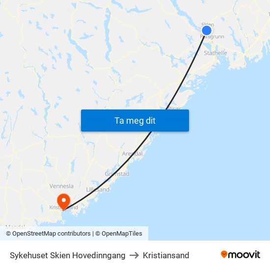 Sykehuset Skien Hovedinngang to Kristiansand map