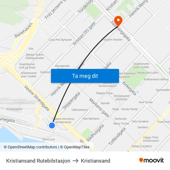 Kristiansand Rutebilstasjon to Kristiansand map