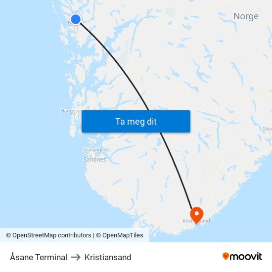 Åsane Terminal to Kristiansand map