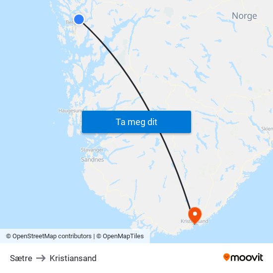 Sætre to Kristiansand map
