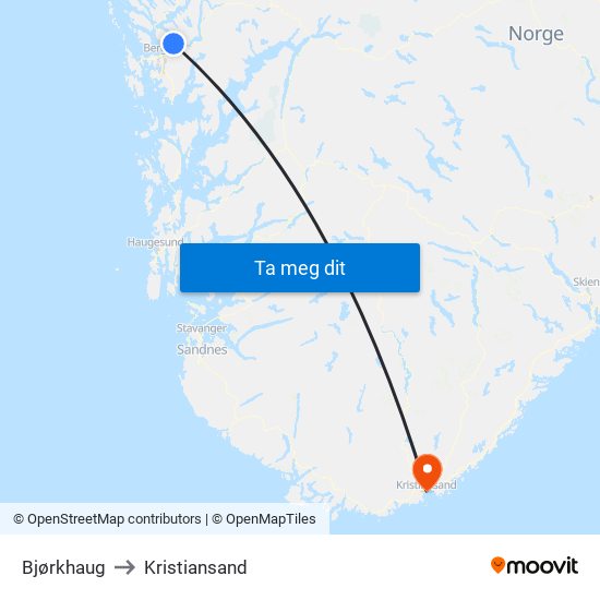 Bjørkhaug to Kristiansand map