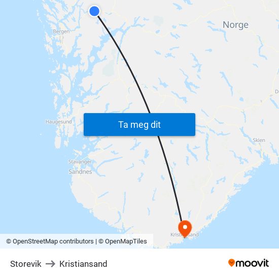 Storevik to Kristiansand map
