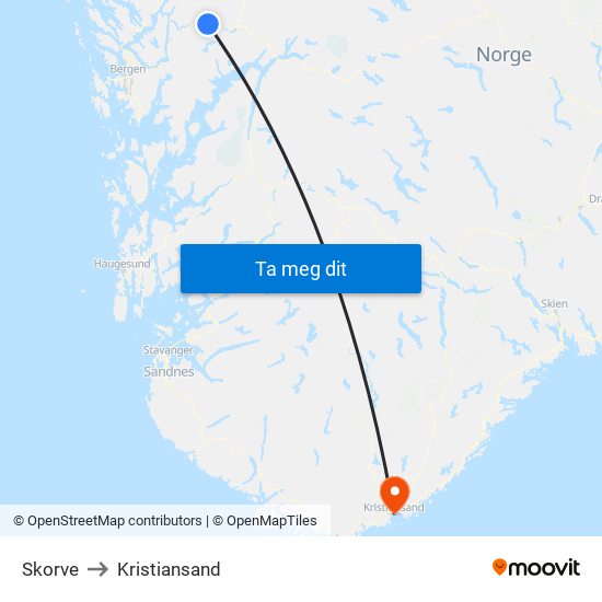 Skorve to Kristiansand map