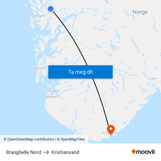 Stanghelle Nord to Kristiansand map