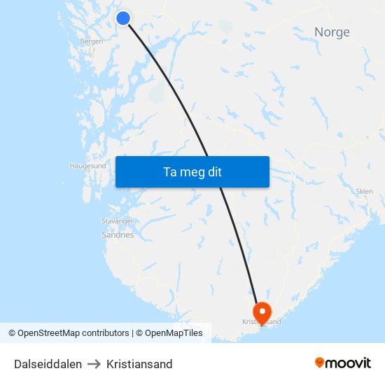 Dalseiddalen to Kristiansand map