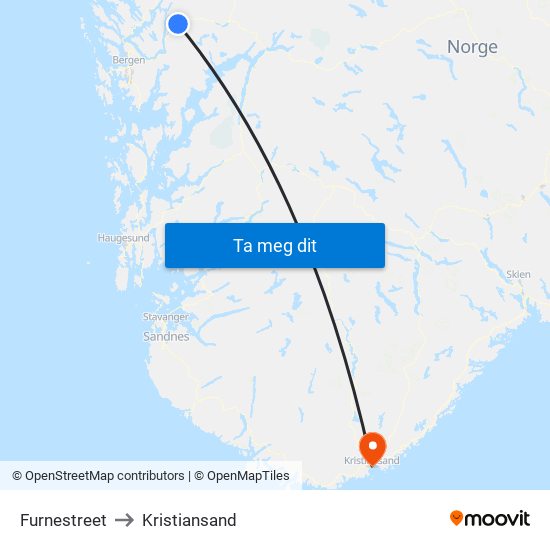 Furnestreet to Kristiansand map