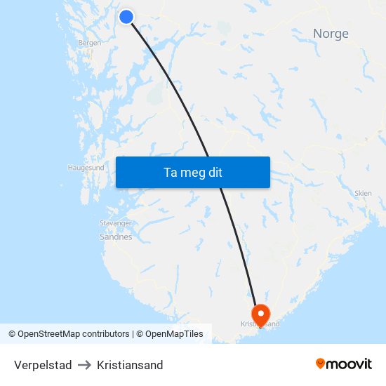 Verpelstad to Kristiansand map