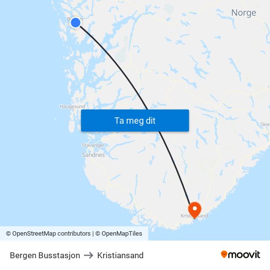 Bergen Busstasjon to Kristiansand map