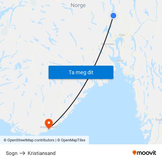 Sogn to Kristiansand map