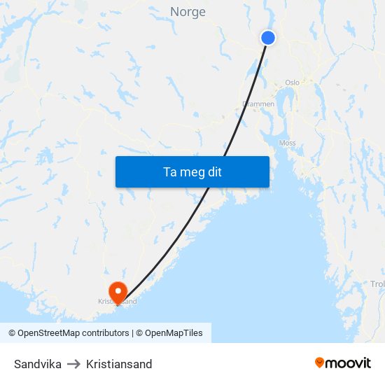 Sandvika to Kristiansand map