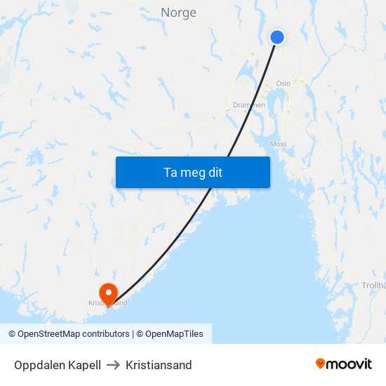 Oppdalen Kapell to Kristiansand map