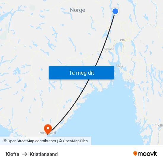 Kløfta to Kristiansand map