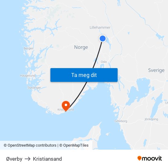 Øverby to Kristiansand map