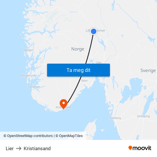 Lier to Kristiansand map