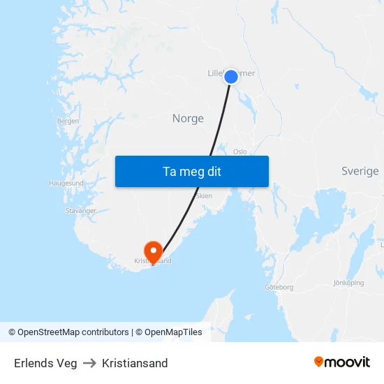 Erlends Veg to Kristiansand map