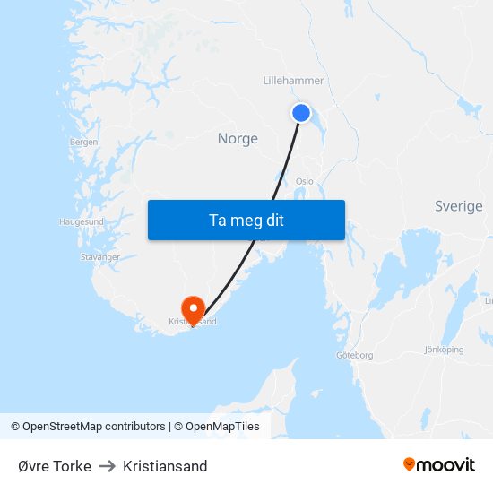 Øvre Torke to Kristiansand map