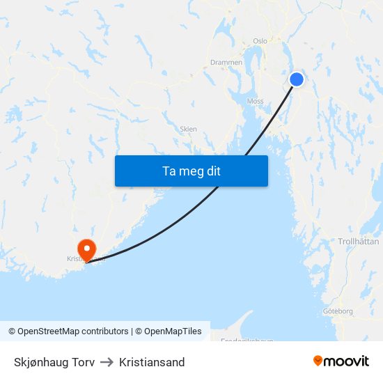 Skjønhaug Torv to Kristiansand map
