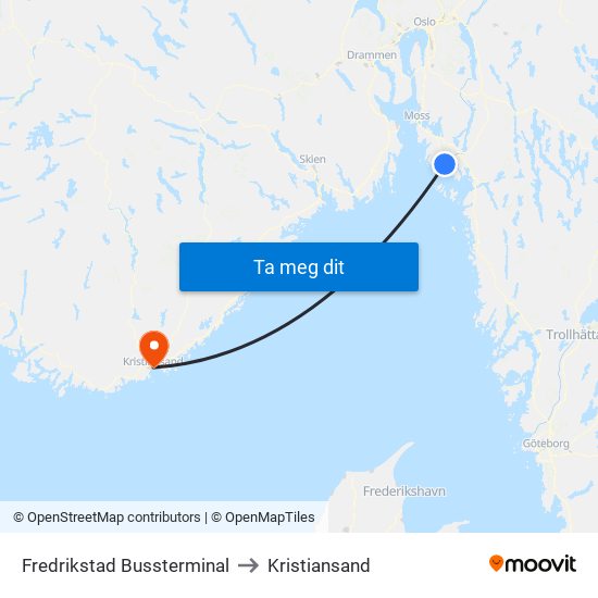 Fredrikstad Bussterminal to Kristiansand map