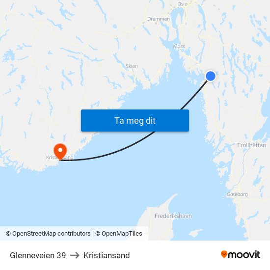 Glenneveien 39 to Kristiansand map