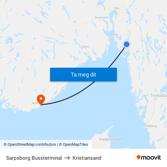 Sarpsborg Bussterminal to Kristiansand map