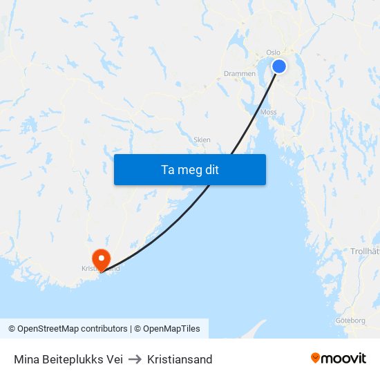 Mina Beiteplukks Vei to Kristiansand map