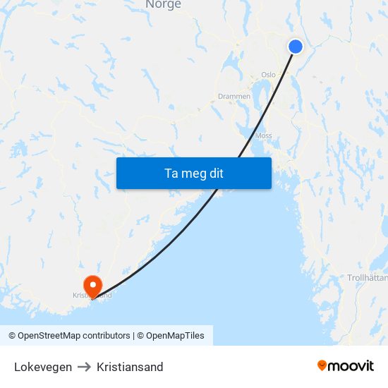 Lokevegen to Kristiansand map