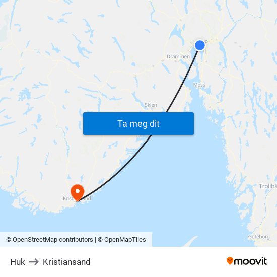 Huk to Kristiansand map