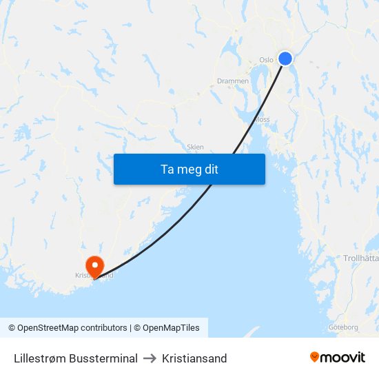 Lillestrøm Bussterminal to Kristiansand map