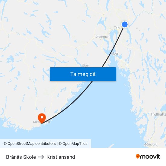 Brånås Skole to Kristiansand map