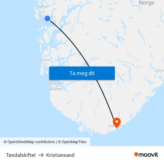 Tøsdalskiftet to Kristiansand map